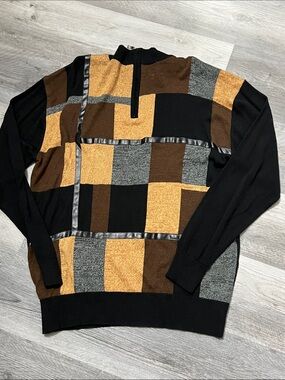 Men's Zip-Up Geometric Patchwork Sweater - Black/Gold/Brown
